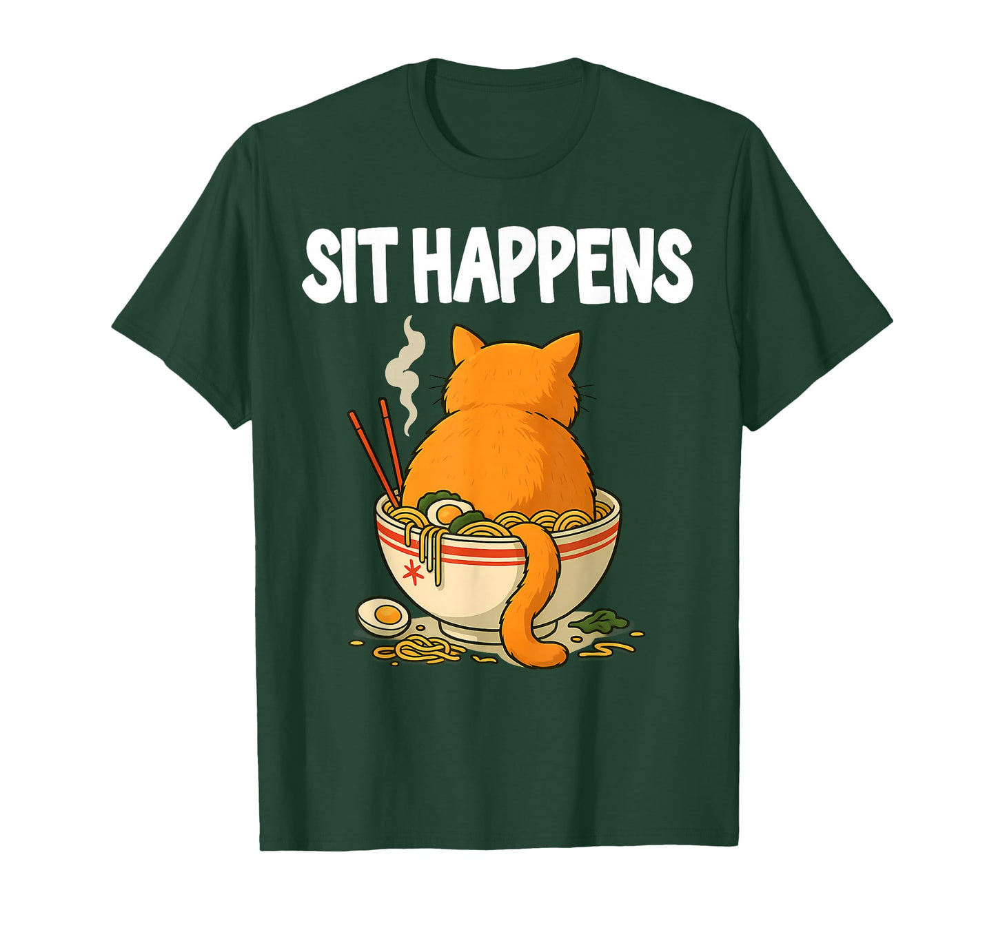 Funny Cat Ramen Bowl Sit Happens Orange Chubby Tabby Humor T-Shirt