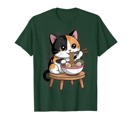 Calico Cat Eating Japanese Ramen Feline Kawaii T-Shirt