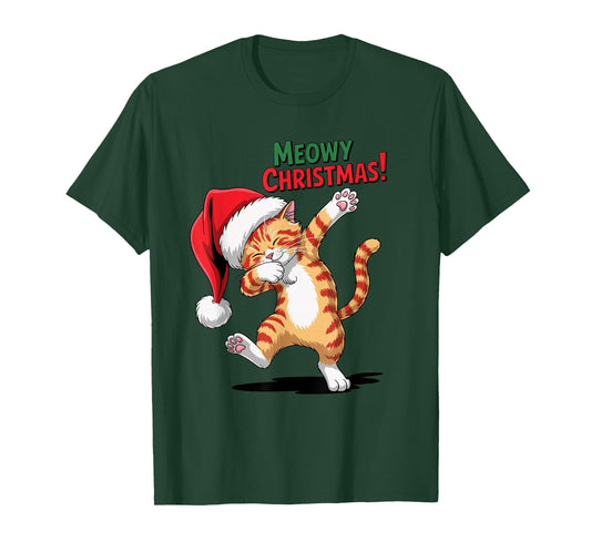 Meowy Christmas Cat Dabbing in Santha Hat Xmas Funny T-Shirt