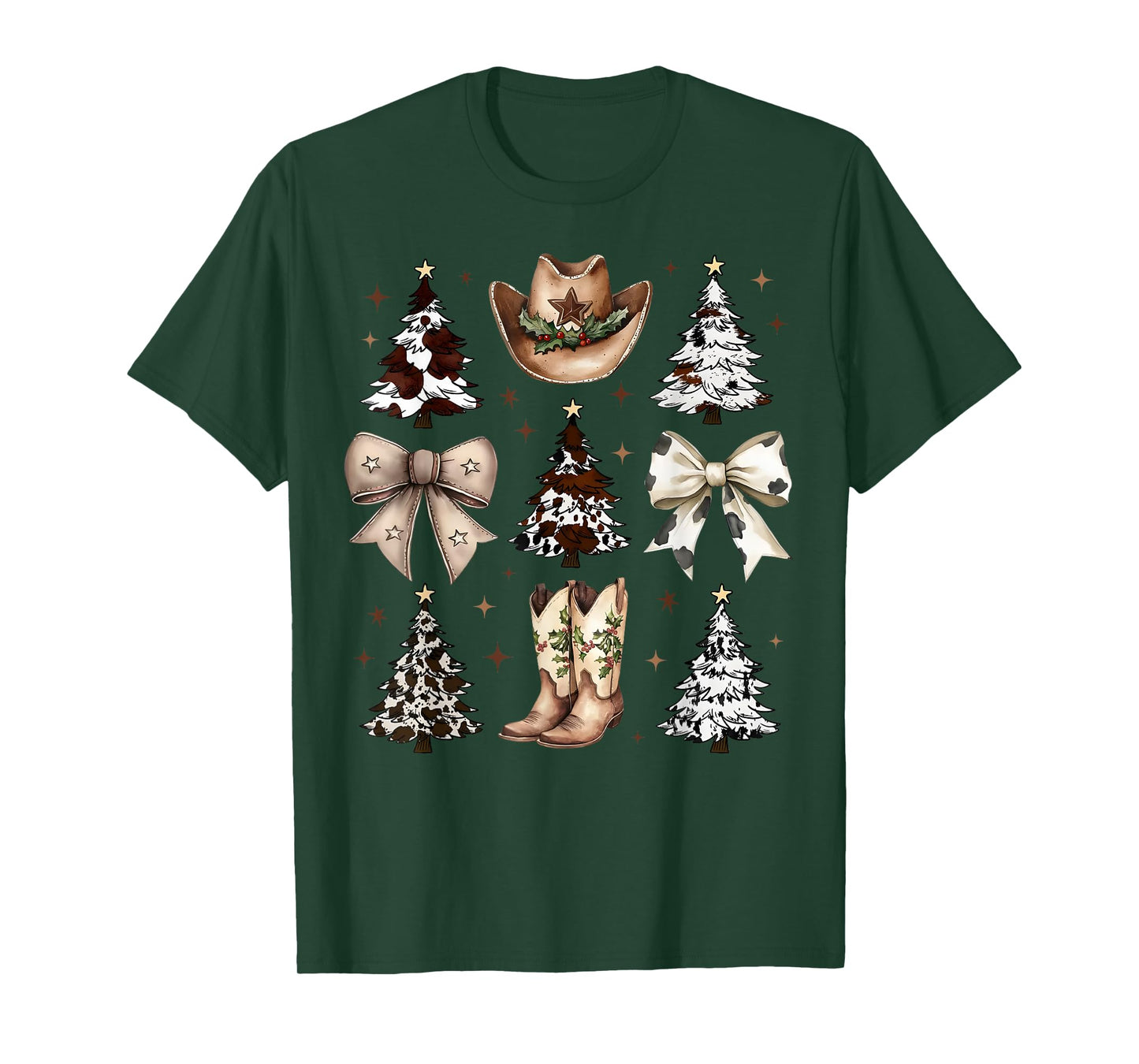 Western Country Cowboy Boots Hat Christmas Trees Cow Bows T-Shirt