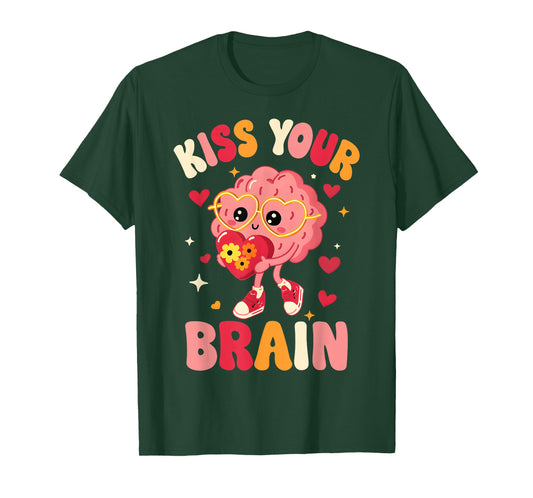 Valentine Kiss Your Brain Retro Teacher Squad Heart Kid T-Shirt