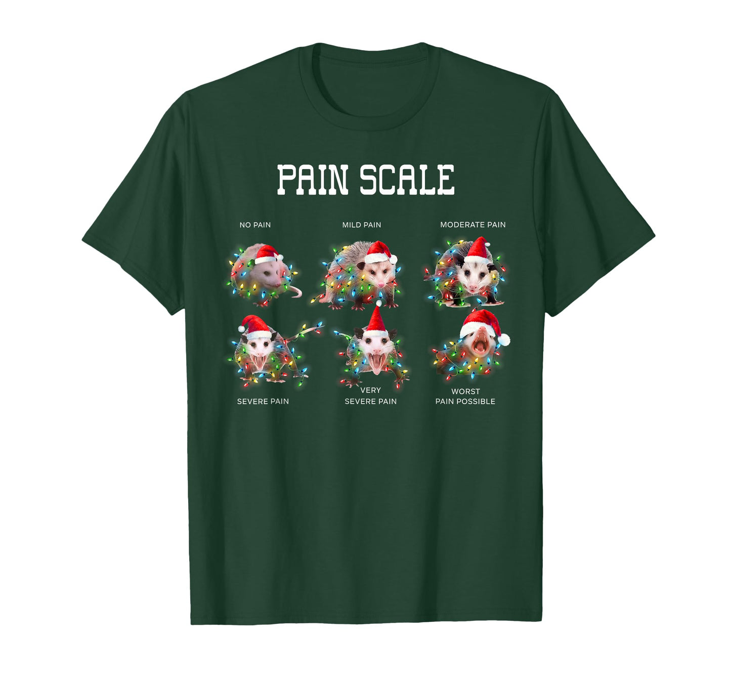 Pain Scale Funny Opossum Merry Christmas Xmas Lights Holiday T-Shirt
