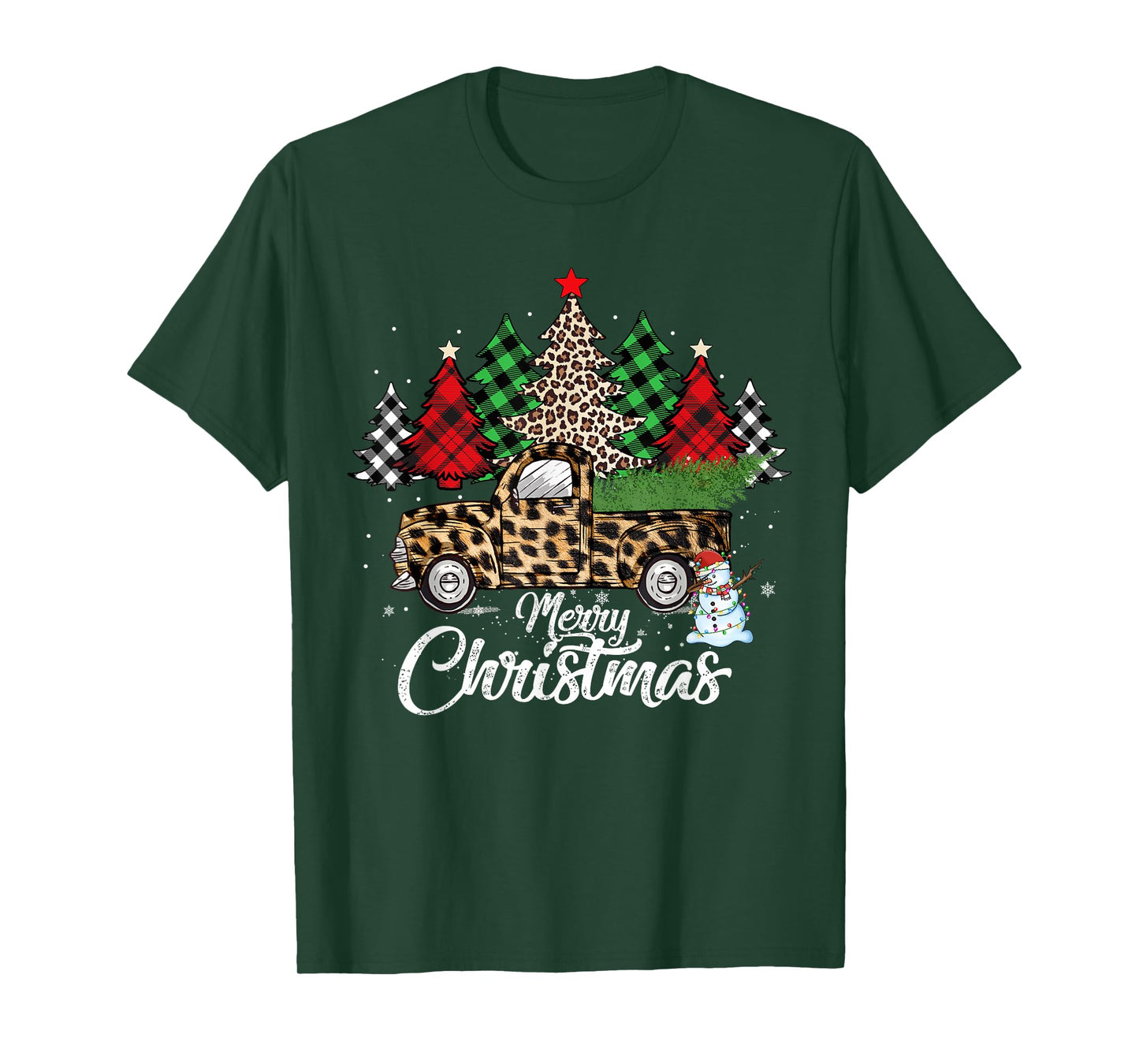 Merry Christmas Leopard Truck Buffalo Plaid Xmas Trees Party T-Shirt