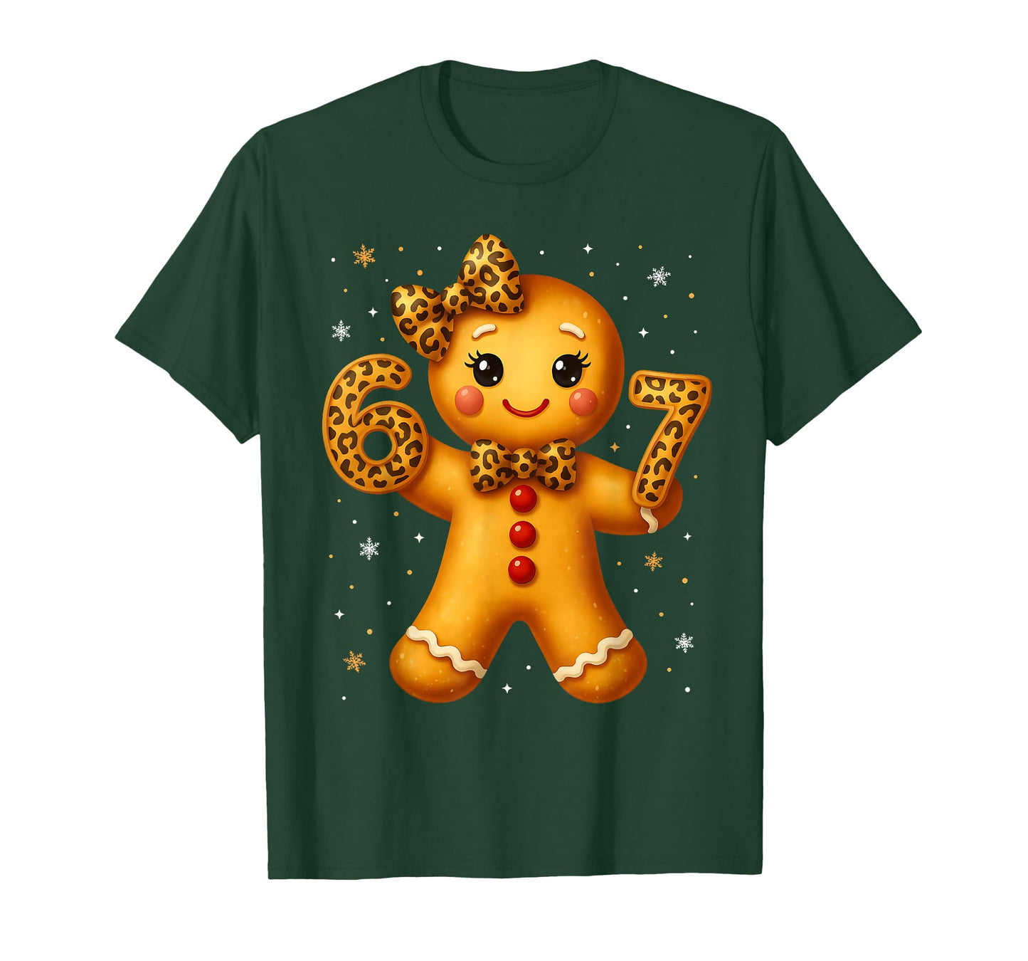 Christmas Funny Gingerbread Six Seven 67 Leopard Bow Girl T-Shirt