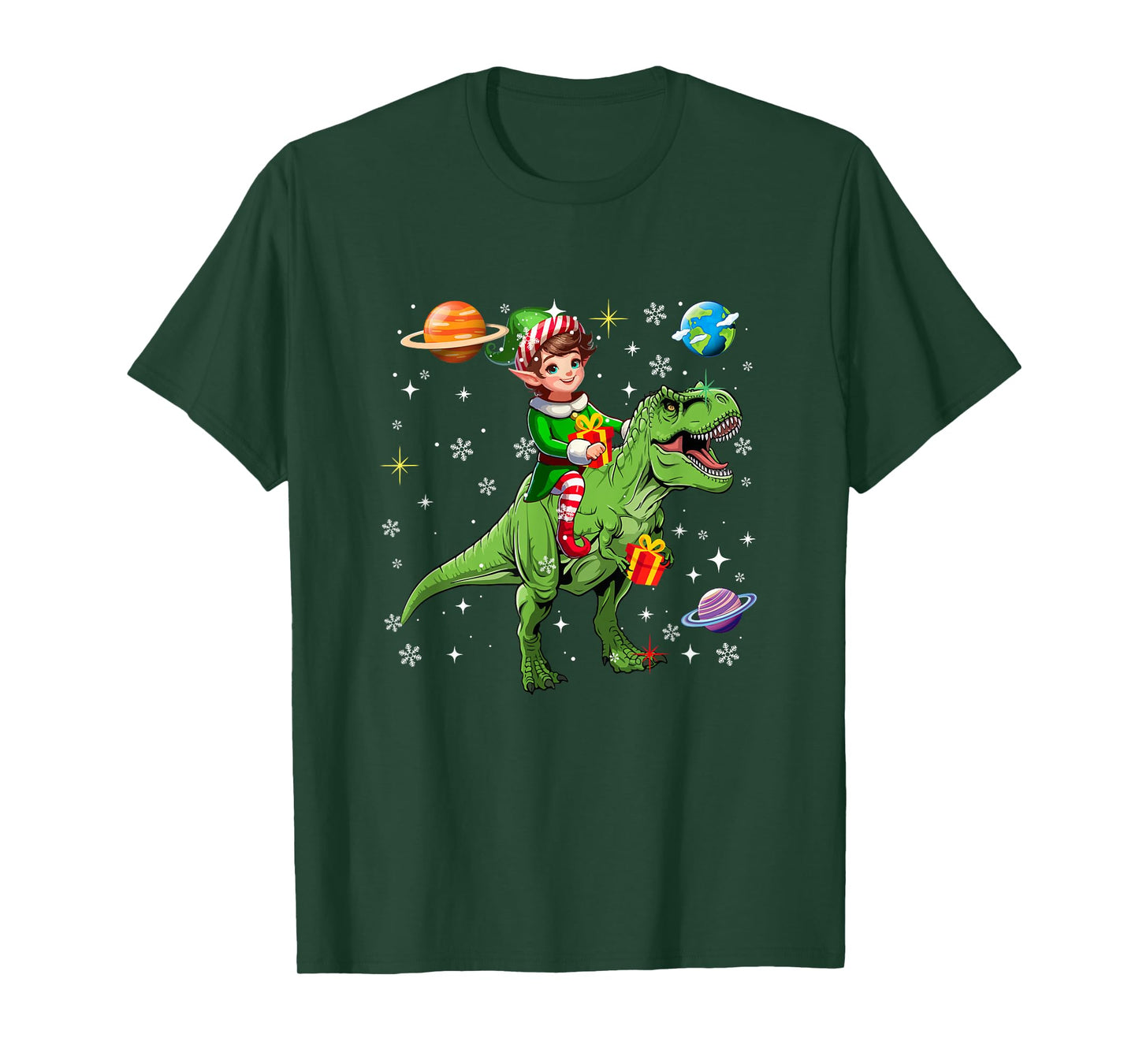 Elf Riding T-Rex Colorful Christmas Boxes Space Planets T-Shirt