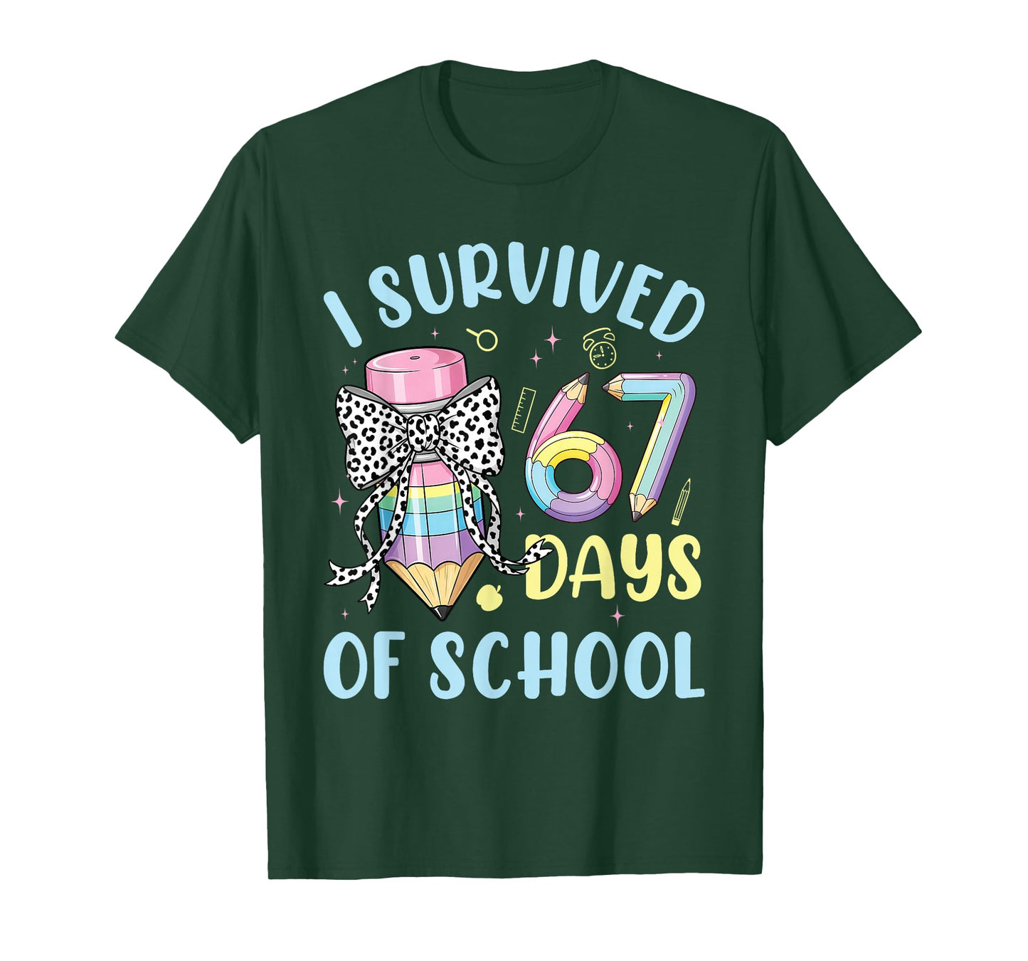 I Survived 67 Days of School Cute Pastel Pencil Bow Design T-Shirt
