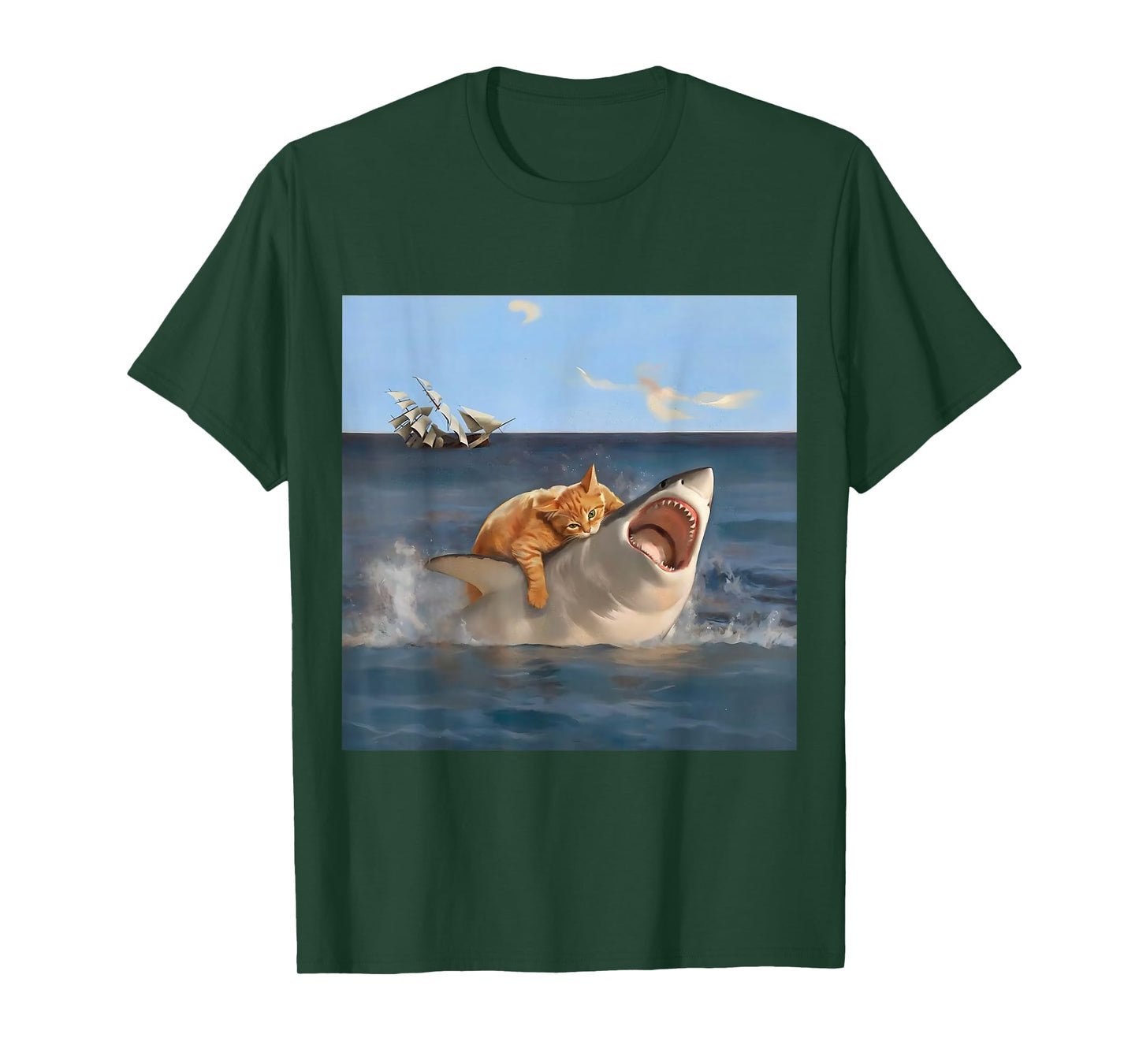 Orange Cat Biting Shark Humorous Funny Art Meme Cat Lover T-Shirt