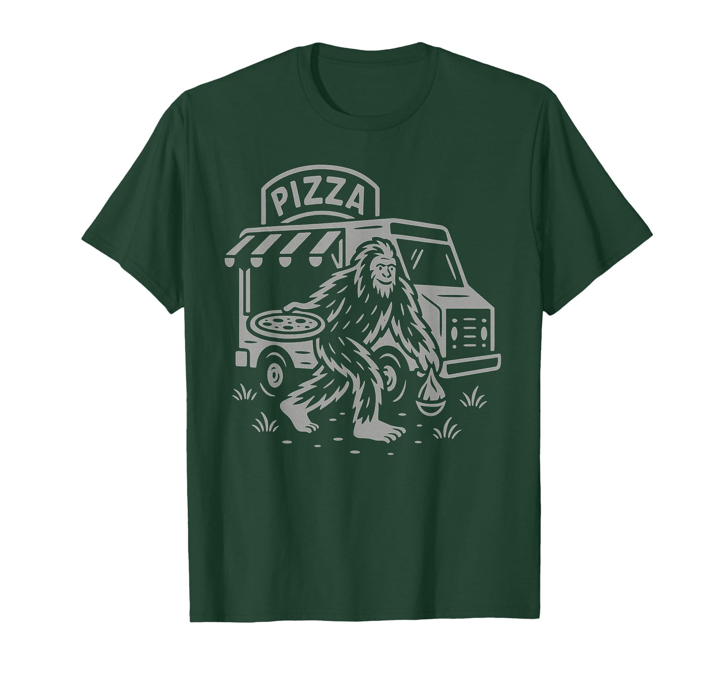 Funny Bigfoot Cryptid Eats Pizza Beside Food Truck at Night T-Shirt