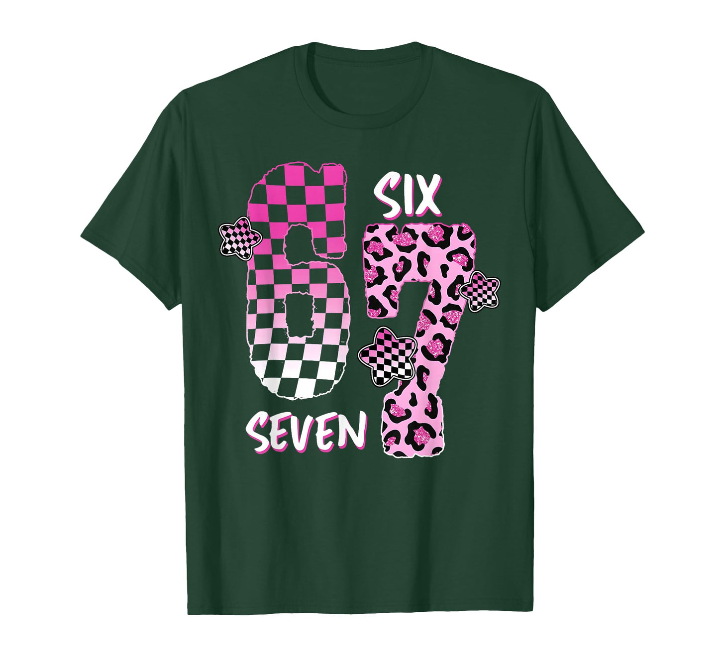 Pink Checker Leopard 6 7 Funny Six Seven Meme Girl Women T-Shirt