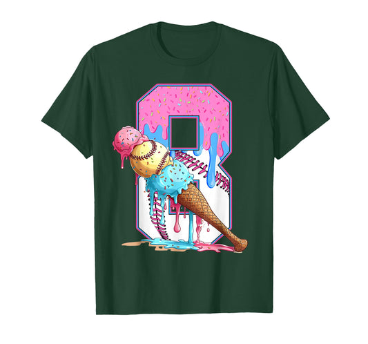 Funny Baseball 8 Year Old Ice Cream Drip 8th Birthday Boy T-Shirt