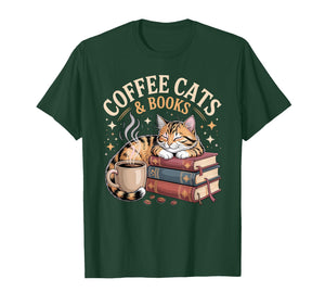Cozy Reading Cat Coffee and Books Lover Artwork T-Shirt