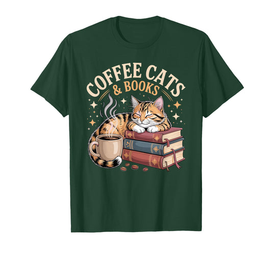 Cozy Reading Cat Coffee and Books Lover Artwork T-Shirt