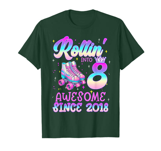 Rolling Into 8 Year Old 8th Birthday Girl Roller Skating T-Shirt