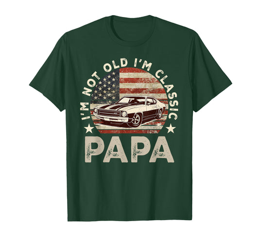 Funny Old Car Classic American US Flag Mens Dad Papa Grandpa T-Shirt