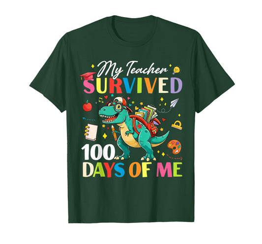Funny Dinosaur My Teacher Survived 100 Days of Me Boy Girl T-Shirt