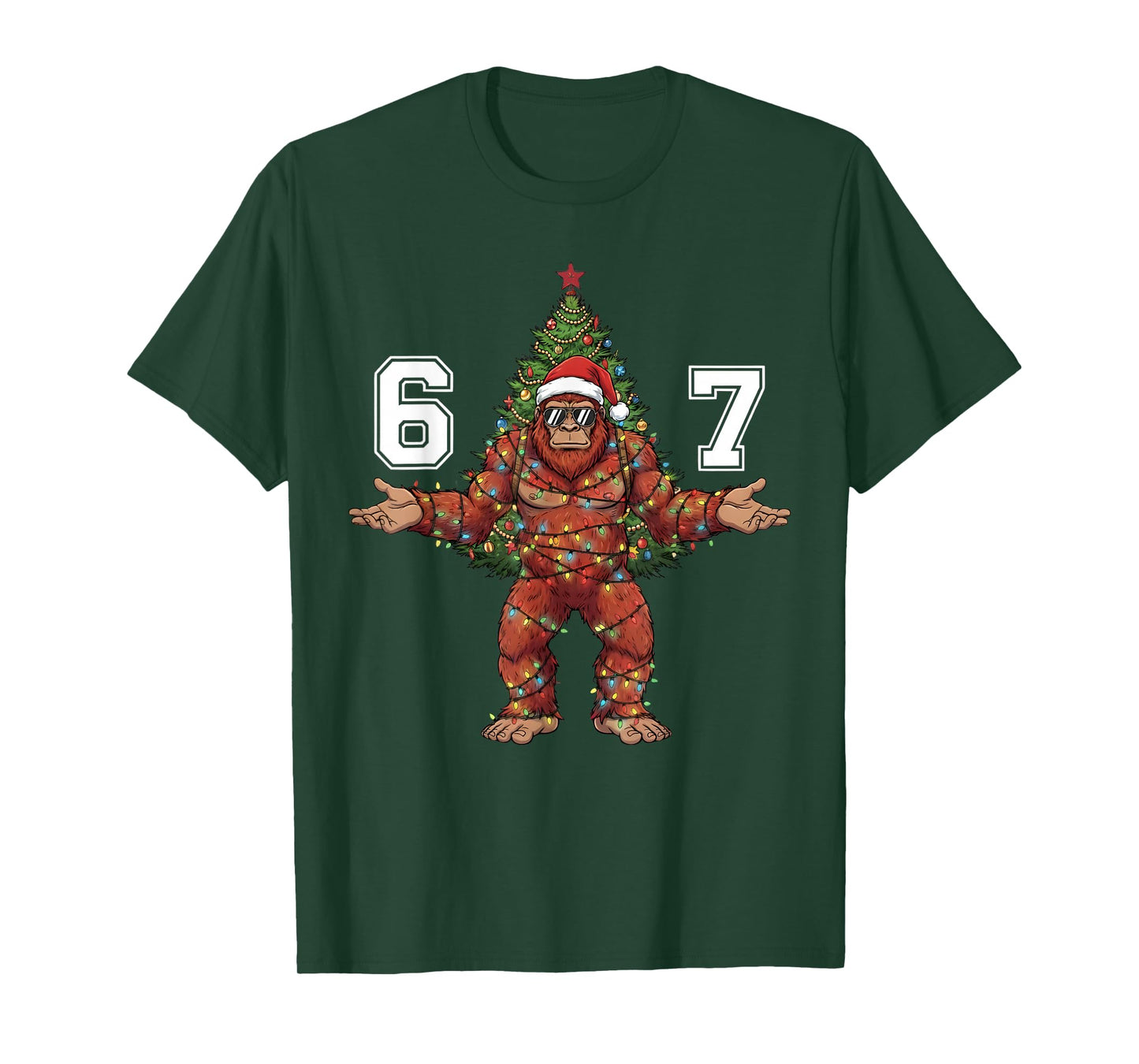 Santa Bigfoot 67 Christmas Tree Xmas Lights Funny Sasquatch T-Shirt
