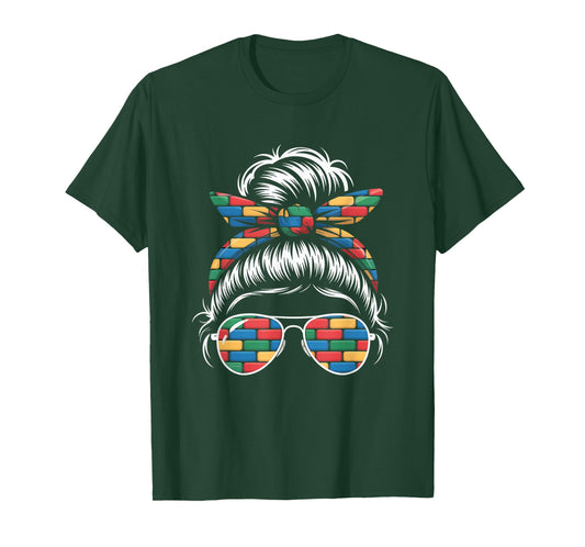 Building Block Messy Bun Mom Life Mothers Day Master Builder T-Shirt