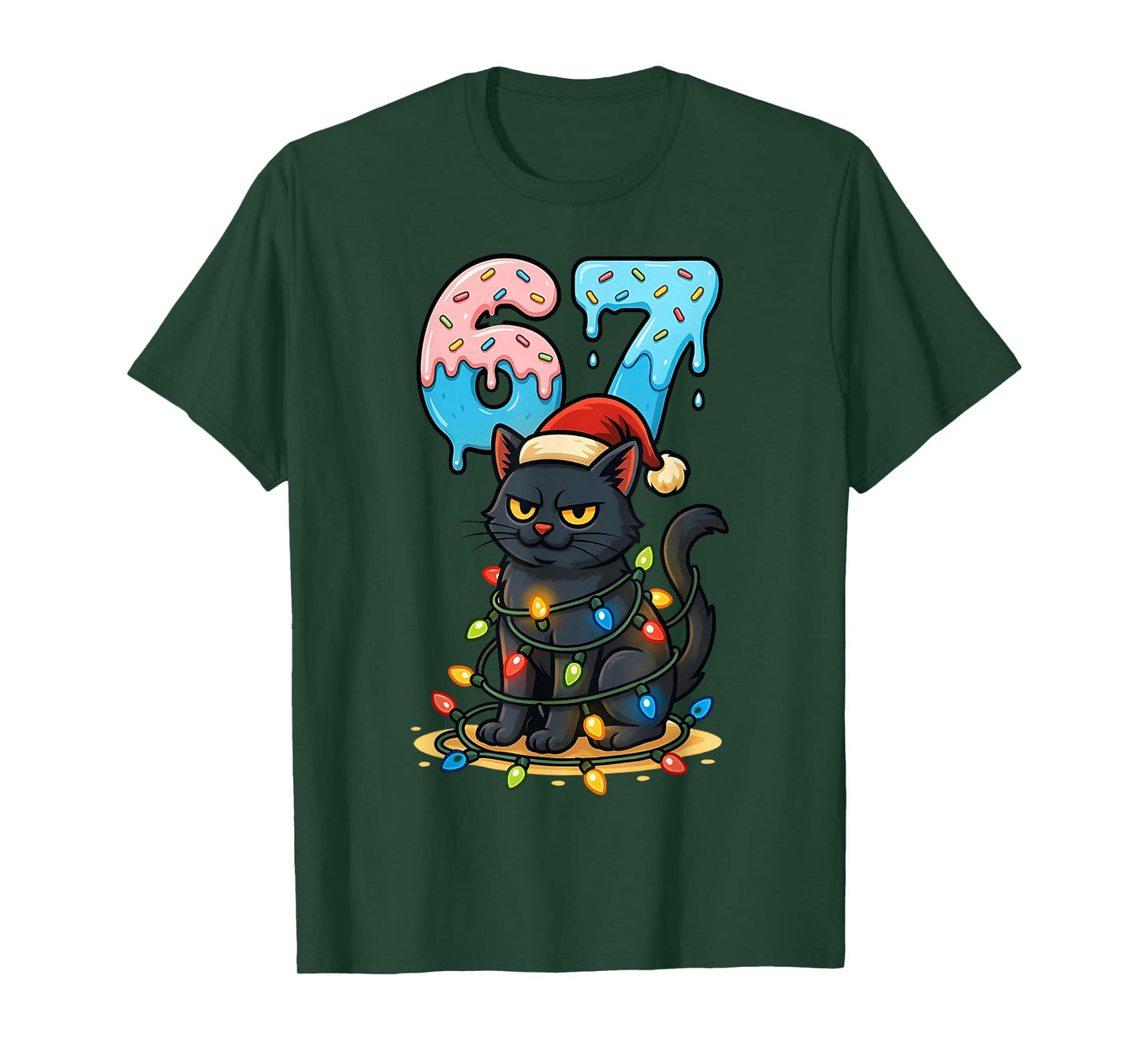 67 Black Cat Santa Hat Christmas Lights Drip for Girls Women T-Shirt