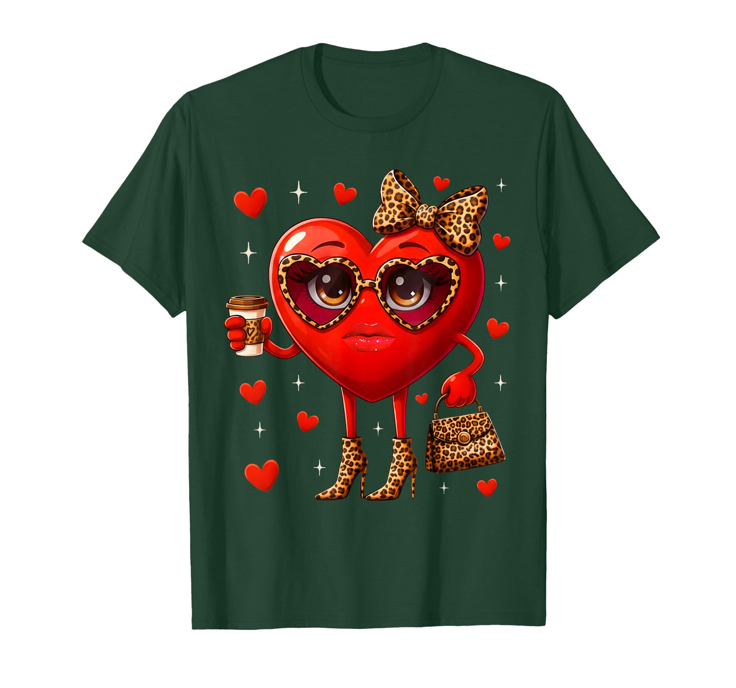 Leopard Heart Drinking Coffee Valentines Day Women Love T-Shirt