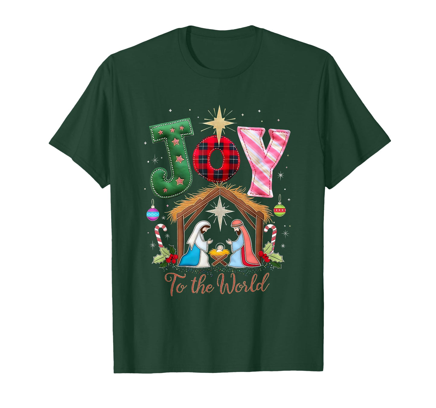 Joy to The World Patchwork Nativity Christmas T-Shirt