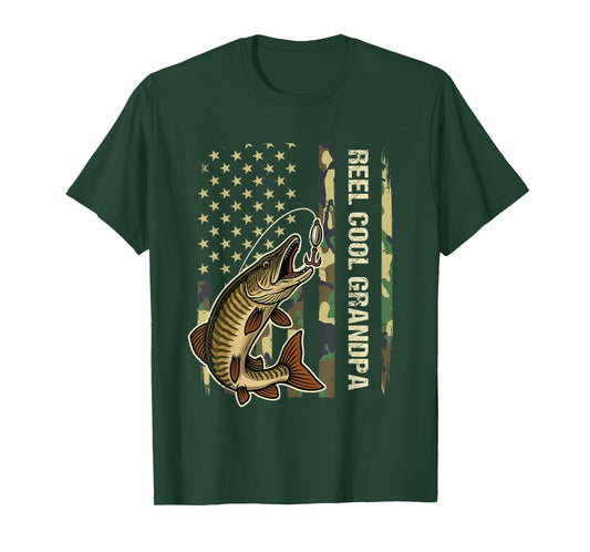 Reel Cool Grandpa Muskie Fishing Fisherman American Flag T-Shirt