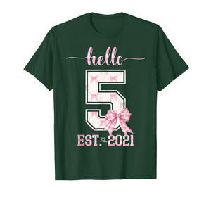 Hello 5 Est 2021 5th Birthday Girl Cute Pink Coquette Bow T-Shirt