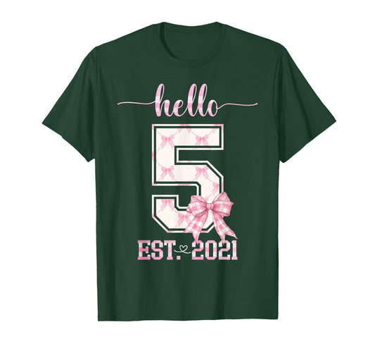 Hello 5 Est 2021 5th Birthday Girl Cute Pink Coquette Bow T-Shirt