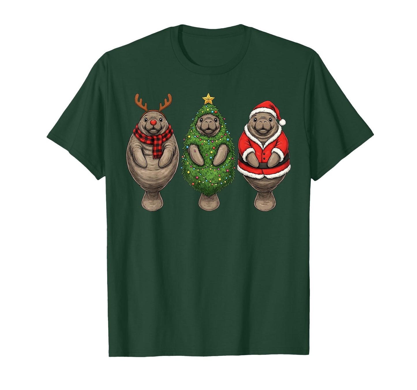 Retro Christmas Manatee Santa Reindeer T-Shirt
