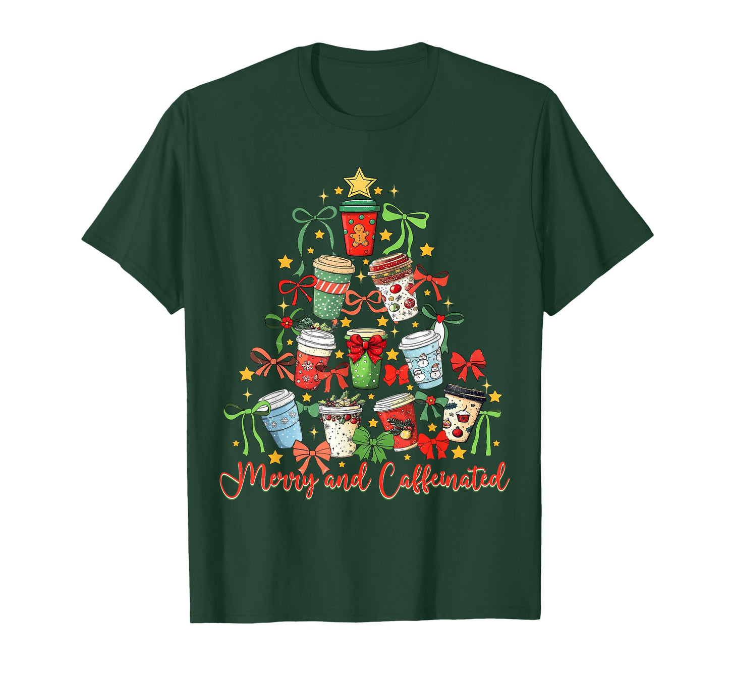 Merry and Caffeinated Coquette Bow Coffee Christmas Tree T-Shirt