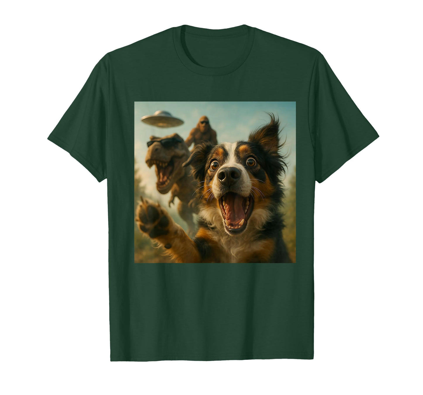 Shocked Australian Shepherd Dog T-Rex Bigfoot UFO Selfie T-Shirt