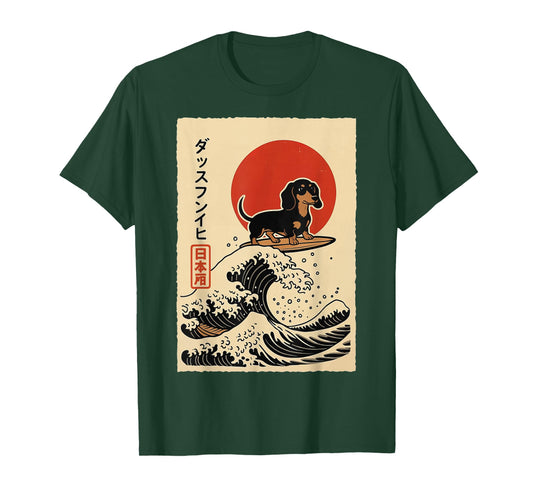 Dachshund Surfing Japanese Wave Weiner Dog T-Shirt