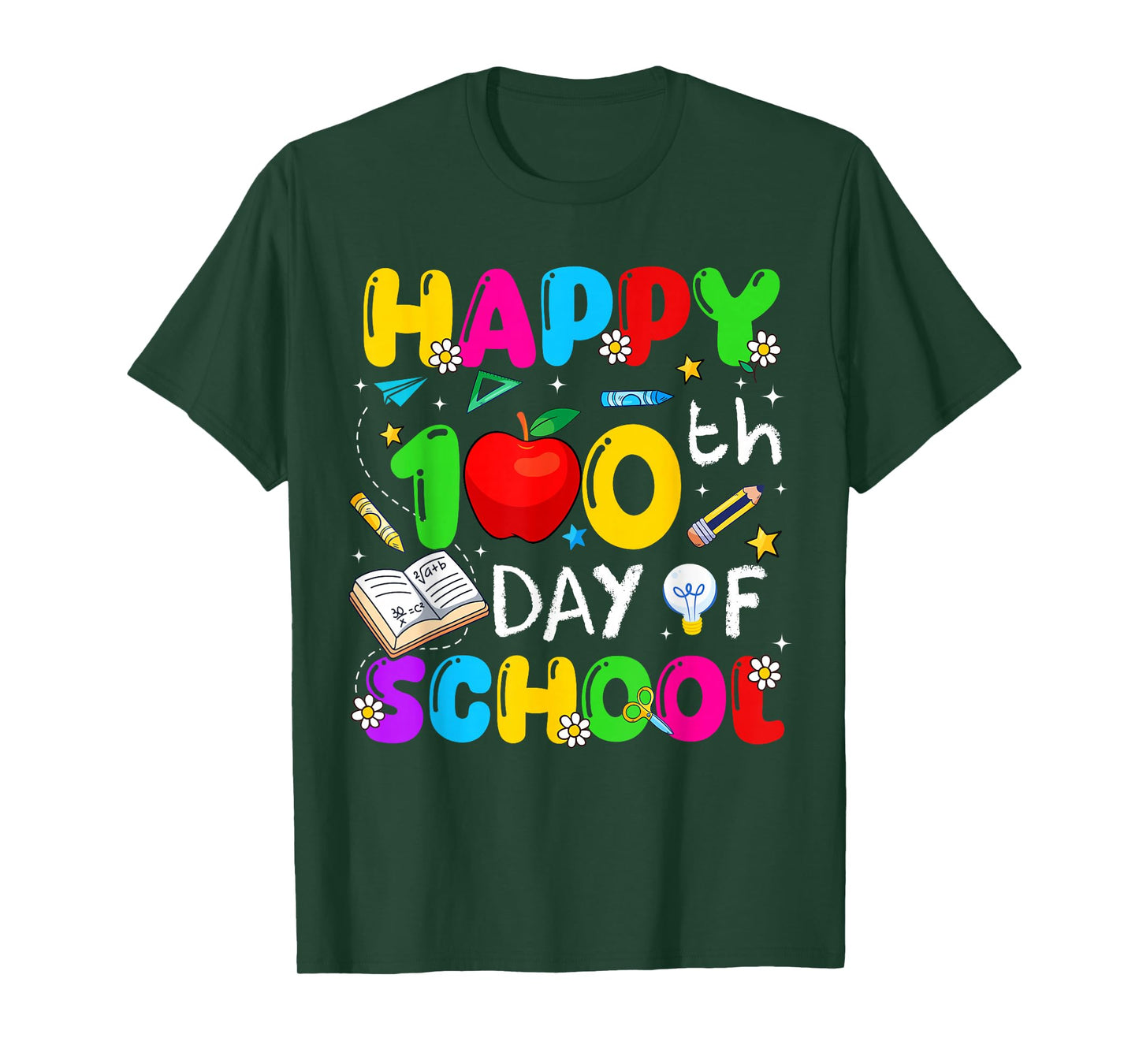 Happy 100 Days of School Apple Crayon Teacher Boy Girl Kids T-Shirt