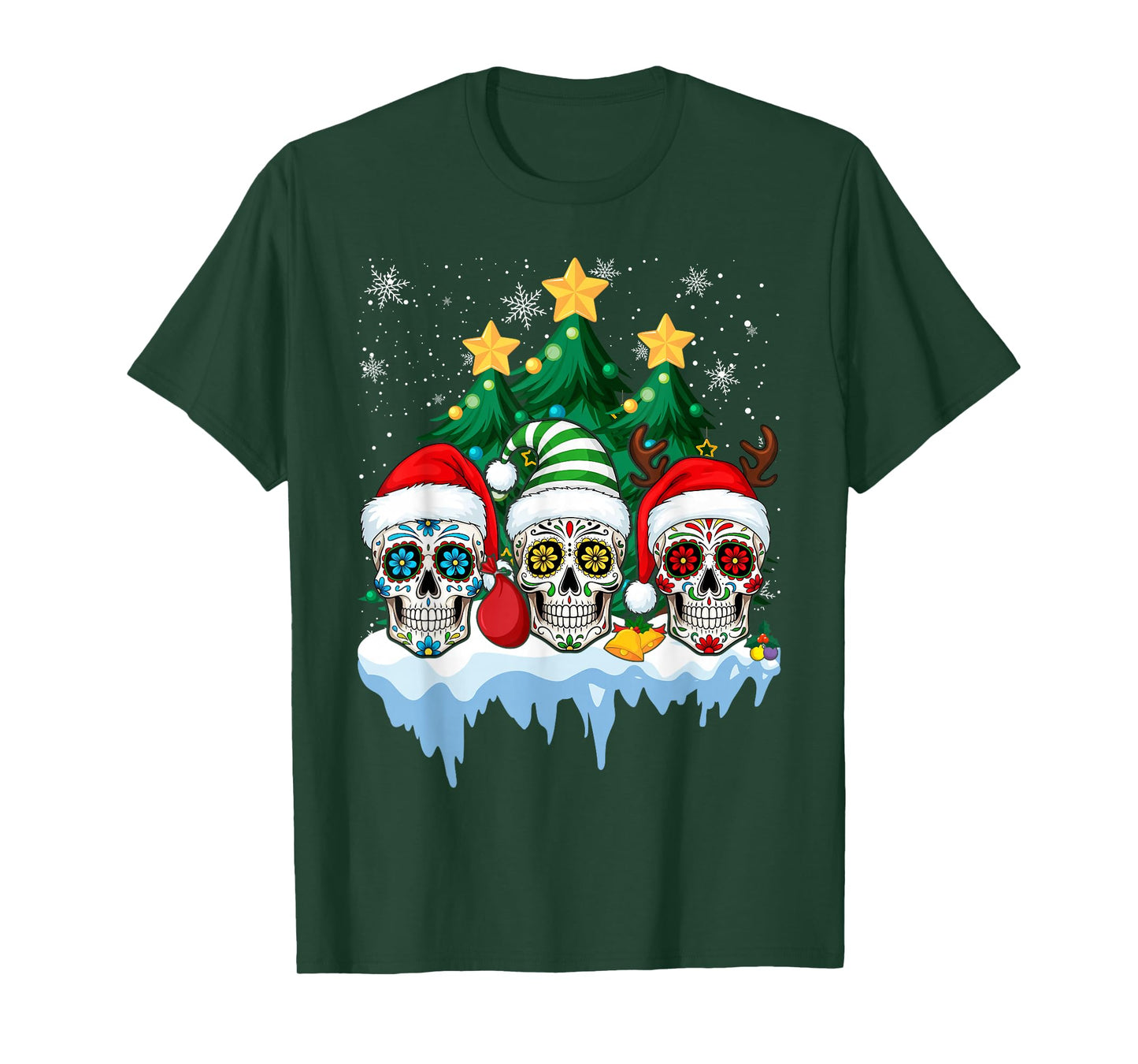 Mexican Calavera Santa Flower Sugar Skull Christmas T-Shirt