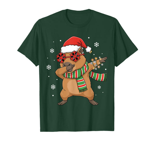 Dabbing Capybara Christmas Santa Hat Funny Holiday Design T-Shirt