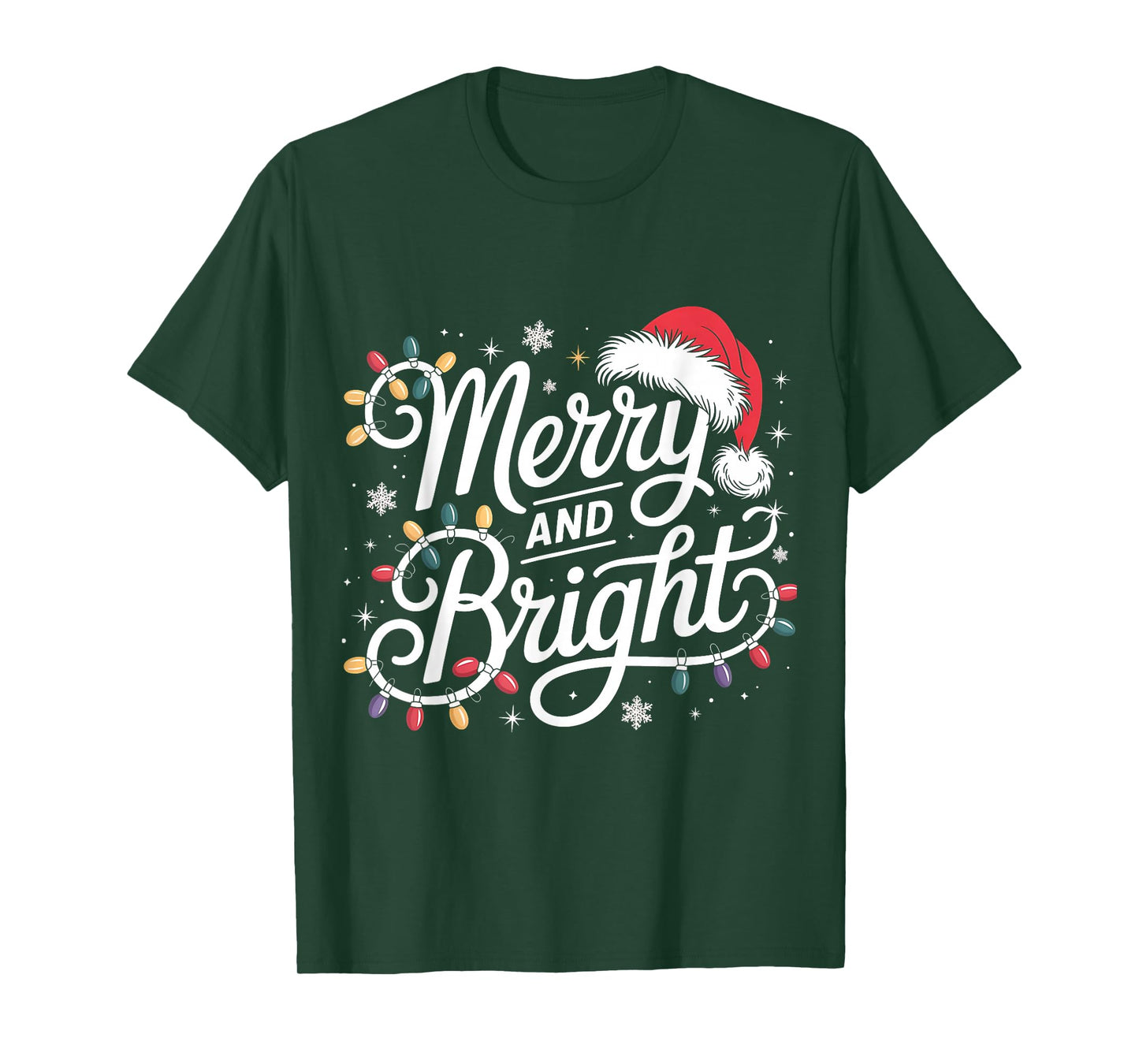 Merry and Bright Lights Red Santa Hat Xmas Family Men Women T-Shirt