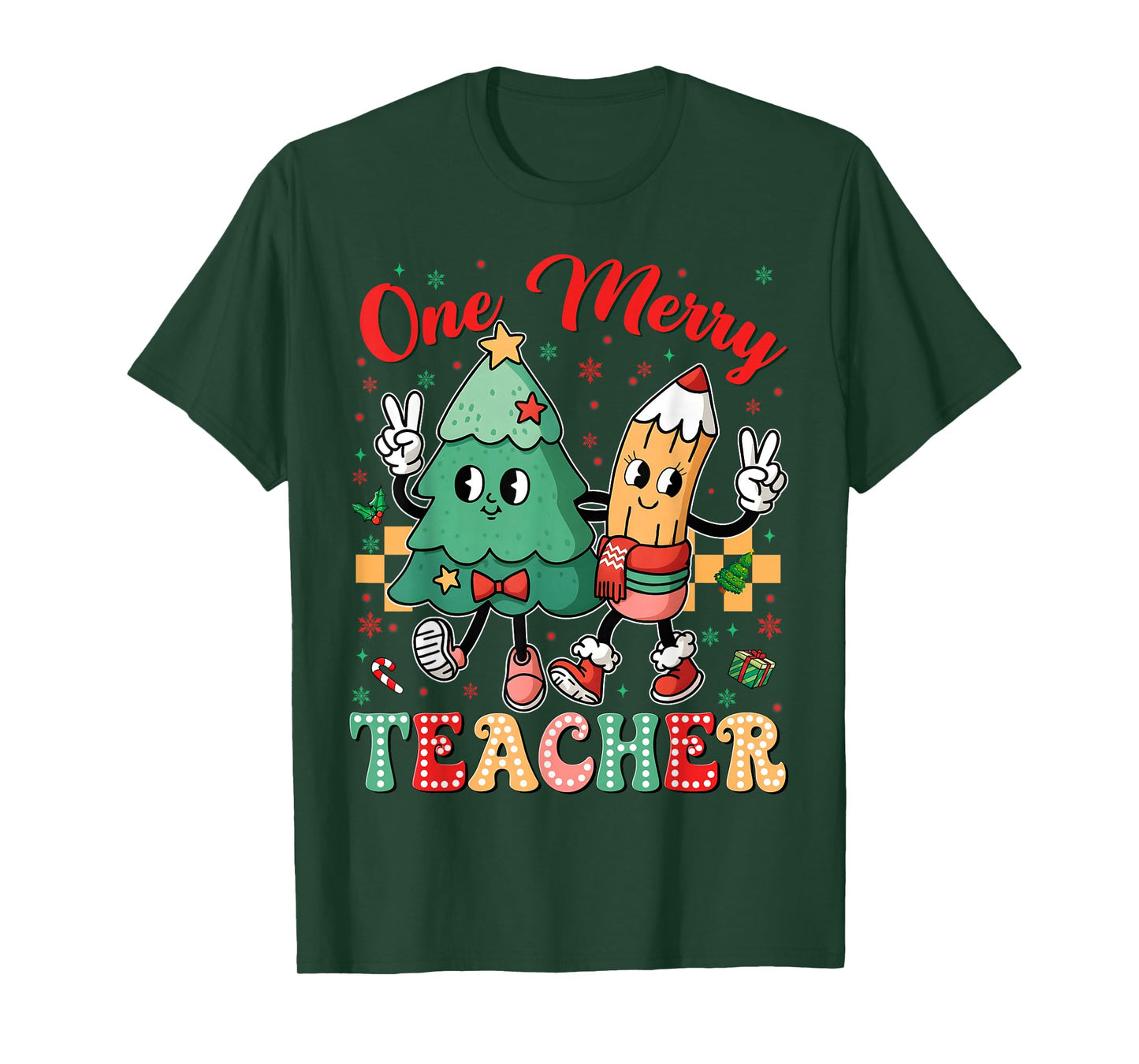 One Merry Teacher Groovy Christmas Tree Pjs Xmas Teacher T-Shirt