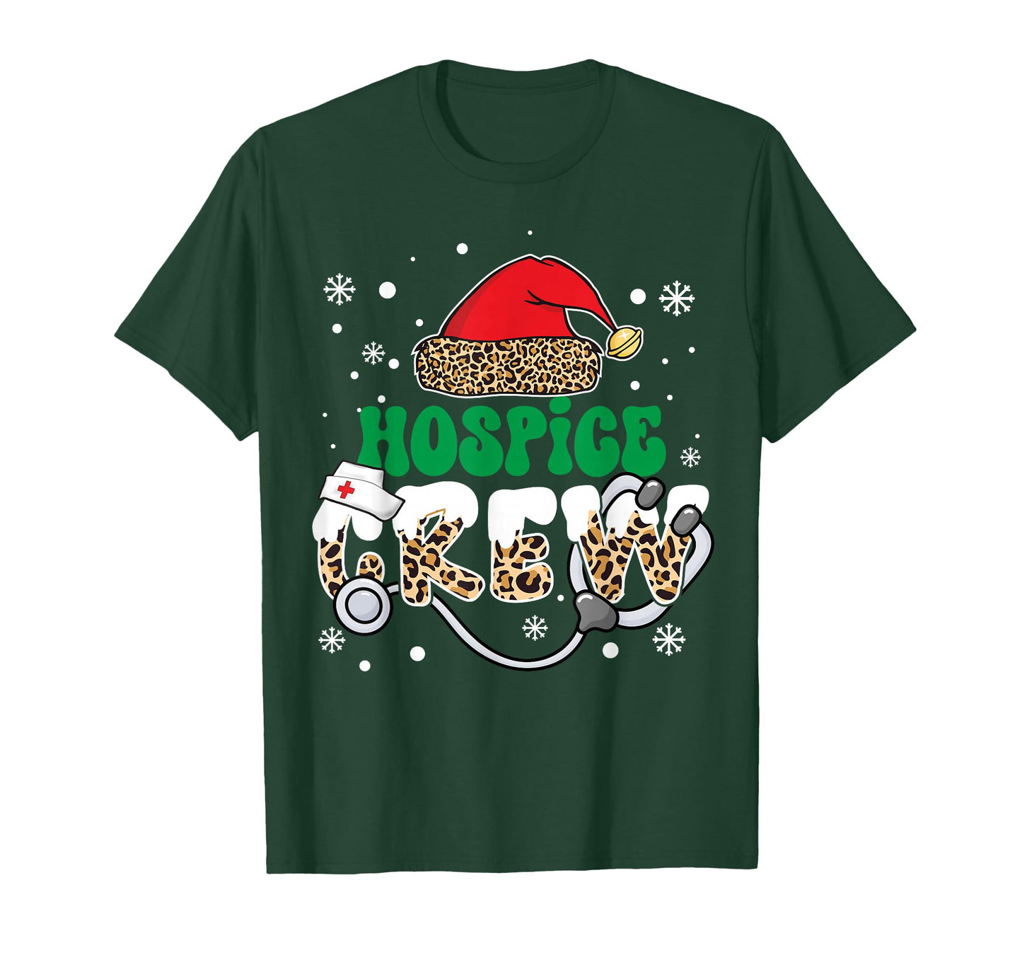 Hospice Crew Nurse Leopard Santa Hat Stethoscope Christmas T-Shirt