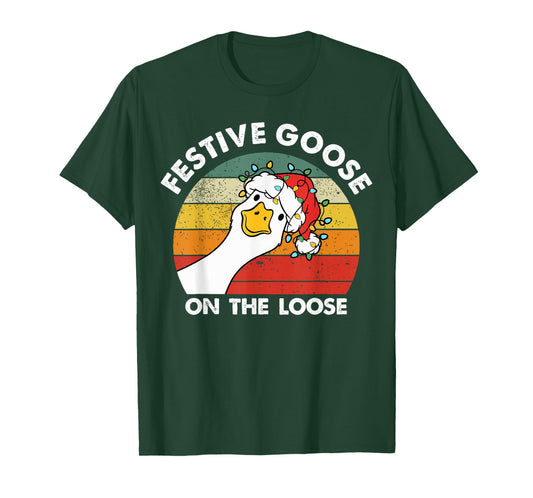 Festive Goose On The Loose Funny Santa Goose Christmas Light T-Shirt