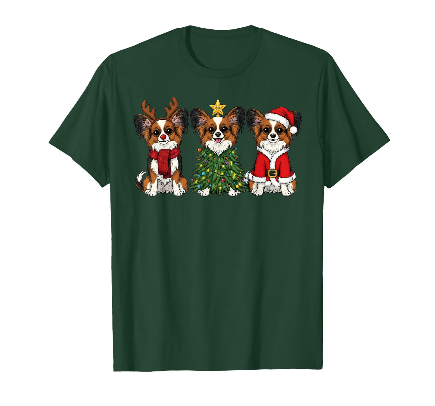 Retro Christmas Papillon Dog Lover Santa Reindeer T-Shirt
