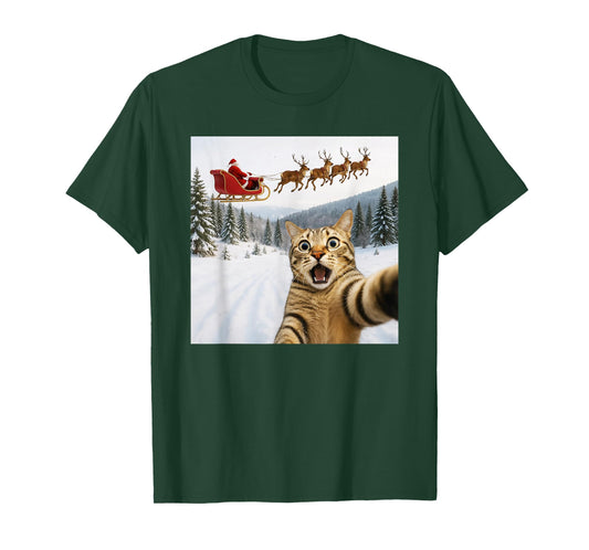 Funny Cat Selfie with Santa Sleigh Reindeer Xmas Christmas T-Shirt