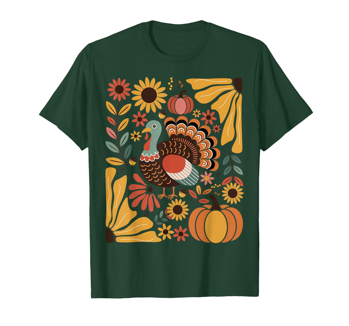 Retro Turkey Pumpkin Boho Flowers Fall Autumn Thanksgiving T-Shirt