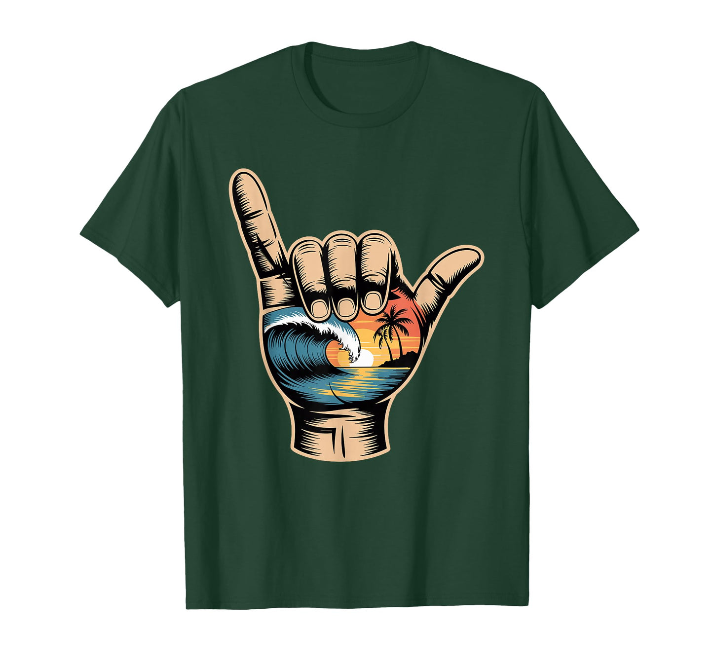 Hand Sunset Wave Vintage Palm Trees Ocean Retro Beach Summer T-Shirt