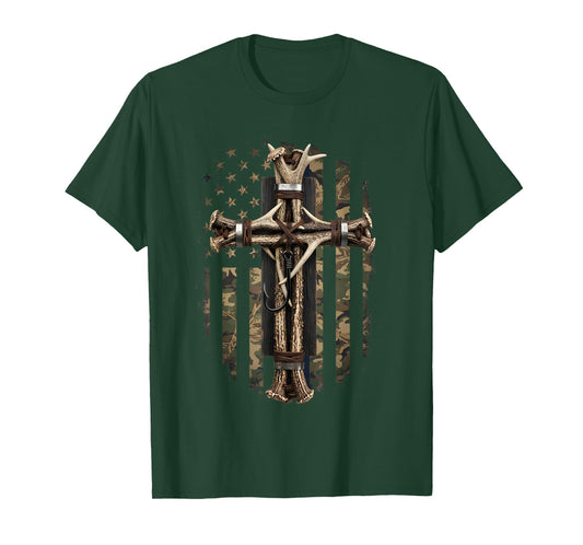 Camouflage Cross Deer Horn Fish Hook Hunting Christian Bible T-Shirt