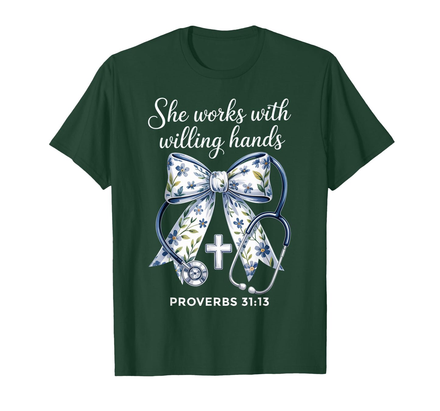 She Works with Hands Coquette Ribbon Faith Christian Nurse T-Shirt