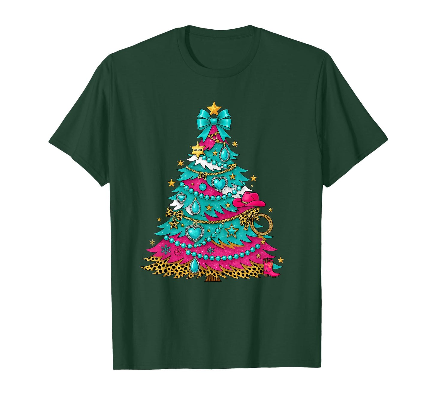 Cowgirl Christmas Tree Turquoise Pink Western Holiday Design T-Shirt
