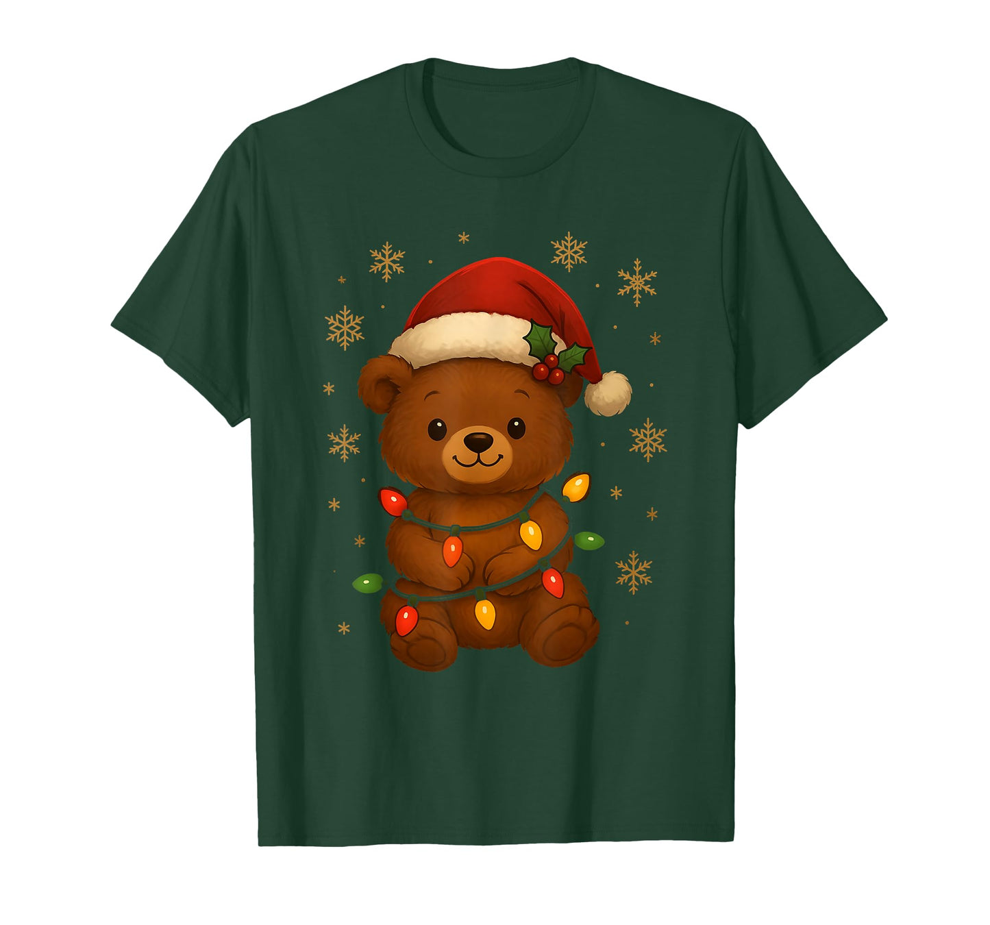Cute Teddy Bear Christmas Tree Lights Santa Hat Funny Xmas T-Shirt