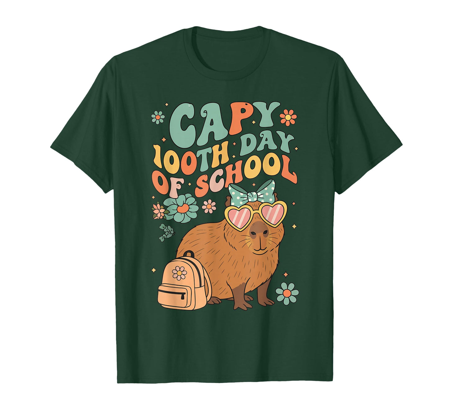 Capy 100th Day of School Groovy Flowers Capybara Design T-Shirt