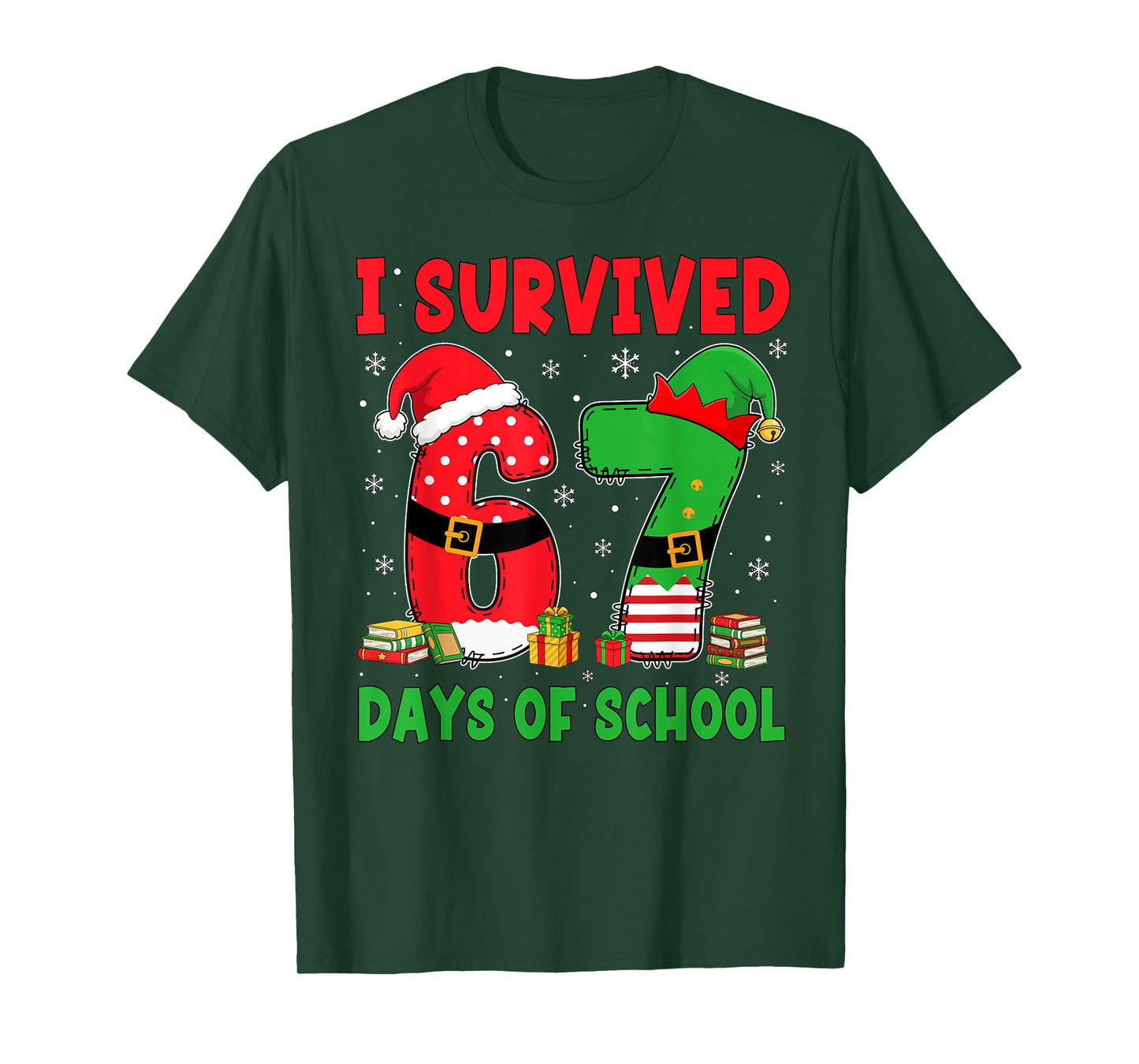 I Survived 67 Days of School Six Seven Christmas Santa Elf T-Shirt