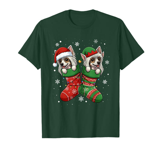Santa ELF Chinese Crested Dog in Christmas Socks Men Women T-Shirt