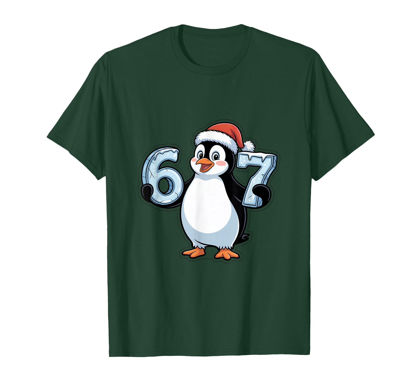 Penguin with Santa Hat Holding 67 Ice Numbers Christmas T-Shirt